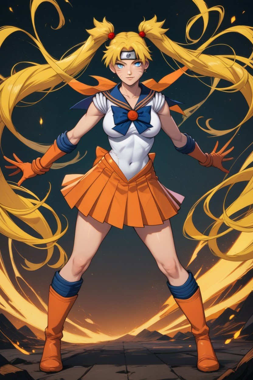 Front View, Dynamic Pose, Knee High Orange Boots Hentai AI Porn