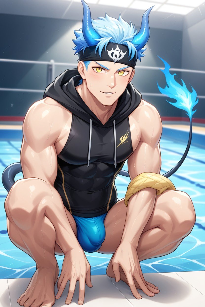 Blue Fiery Speedo, Headband, Devilhs Art StyleゲイAIポルノ