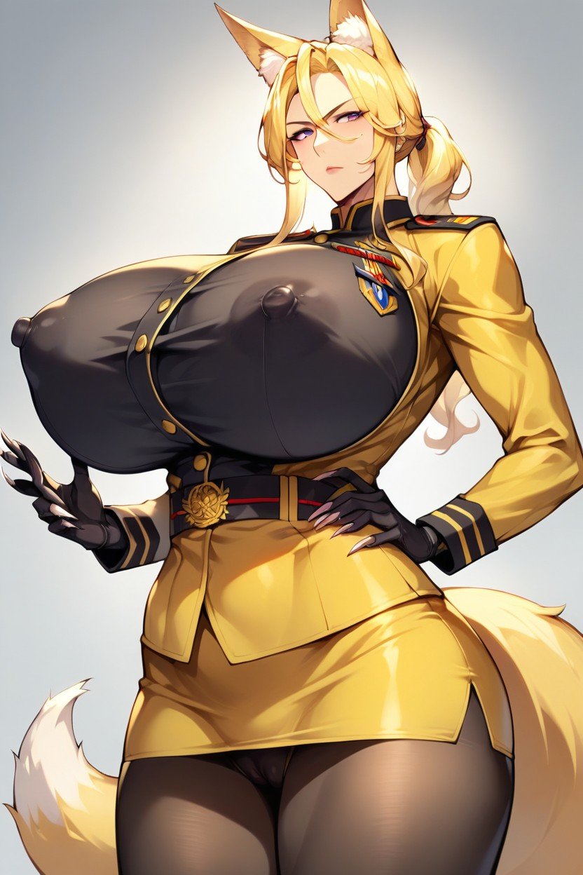 Detailed Muzzle, Light Yellow Hair, Yellow Open Military Uniform Хентай AI порно