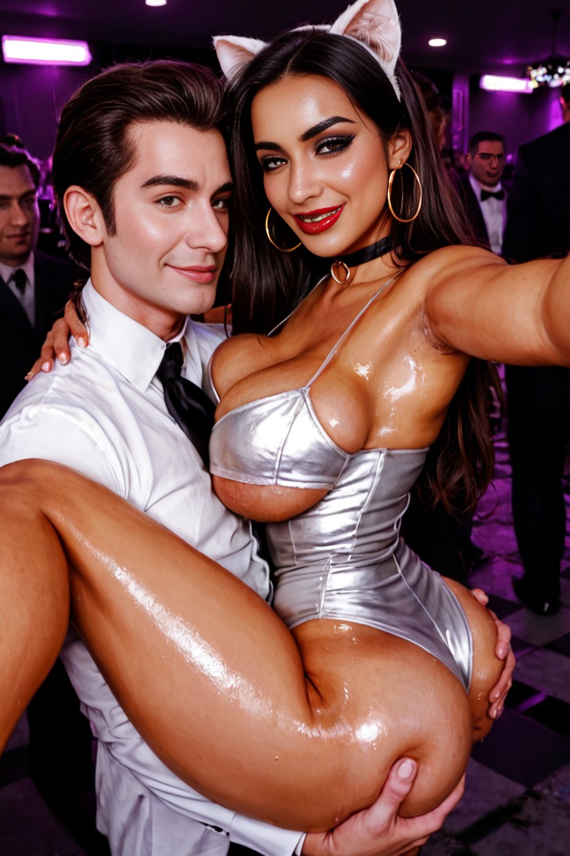 Large Pale Faded Areolas, White Slutty String Dress, Cat Ears AI Porn