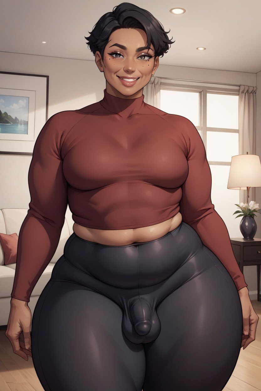 Smiling, Flaccid Bulge, Brown Long Sleeve Shirt Shemale AI Porn