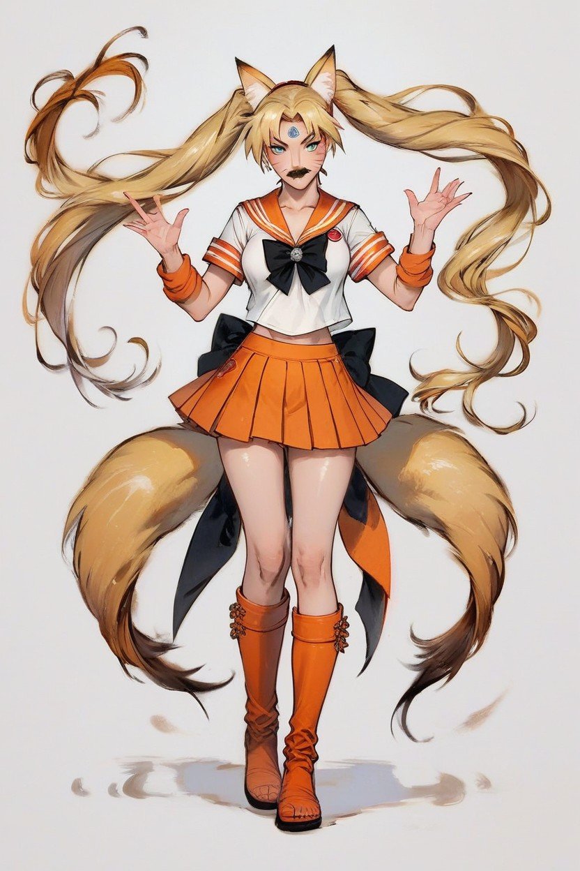 Fox Mustache, Two Pigtails Hair, Gender ChangeヘンタイAIポルノ