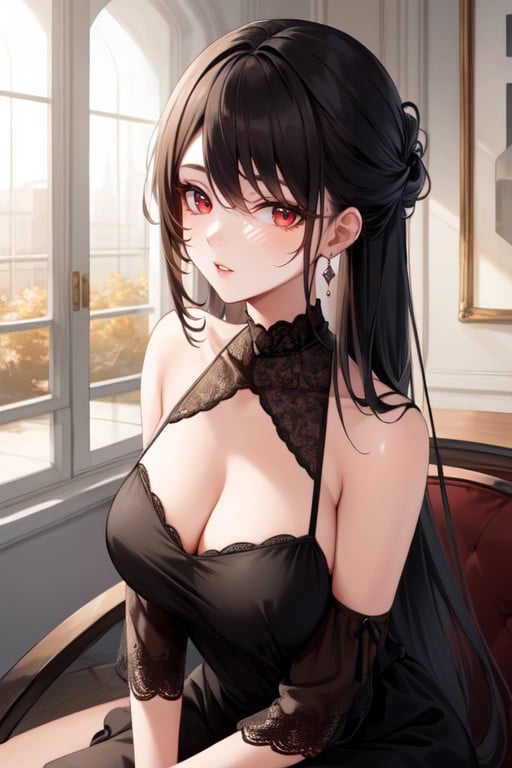 Long Black Hair, Woman, Black Ruffled Off Shoulder Dress게이 AI 포르노