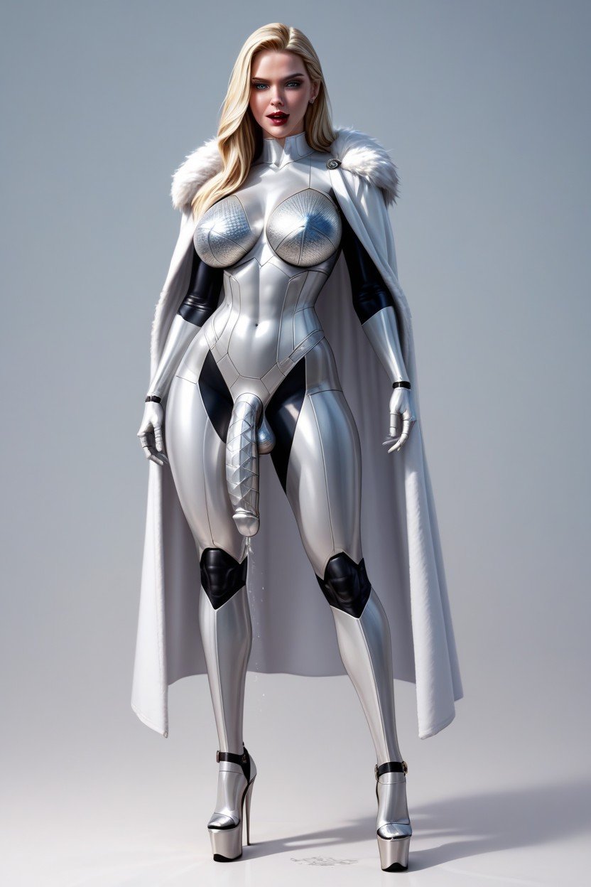 Very High Platform Heels, All Shiny And Metallic Emma Frost From Marvel, Sultry LookニューハーフAIポルノ