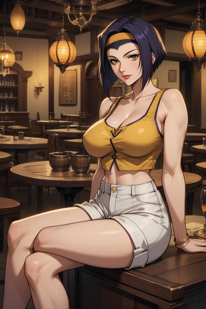 Yellow Tank Top, Gros Seins, Faye Valentine From Cowboy Bebop Sitting At TablePorno IA Hentai