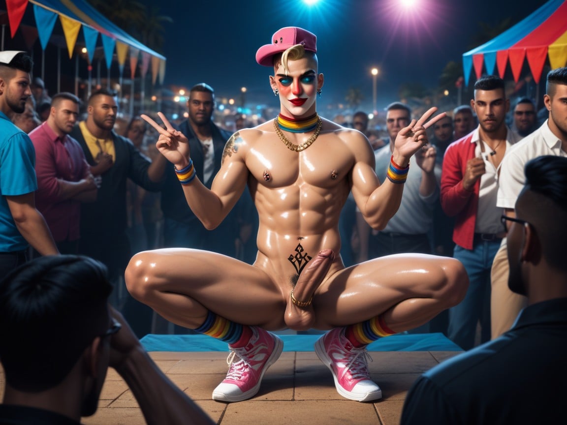 Earrings, Masculine French With Nipple Piercing And Eyebrow Piercing White And Pink Sneakers And Anklet, Clown AI Gay Porn