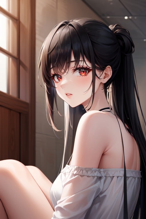 Black Off Shoulder Dress, Long Black Hair, Red EyesAI同性戀黃片