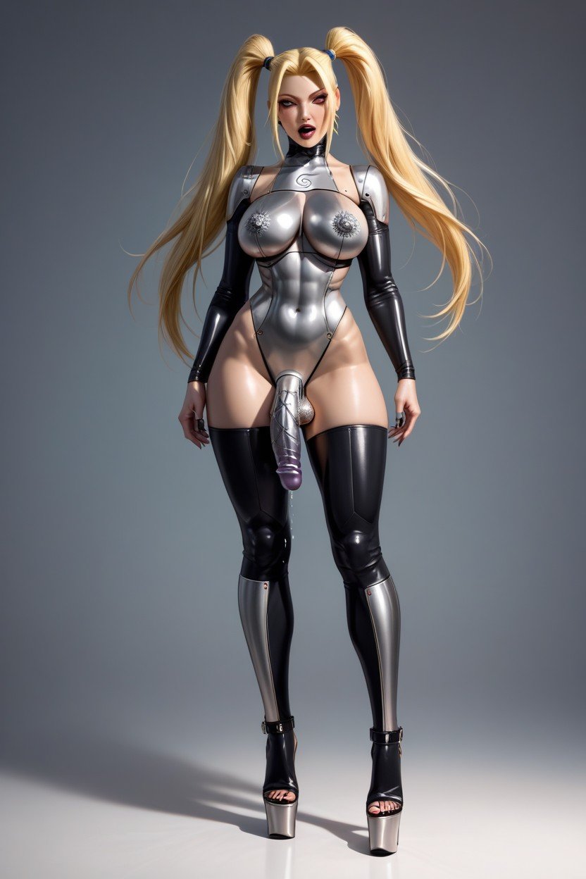 Long Blonde Hair, Very High Platform Heels, Having Erect Metallic Penis SquirtingニューハーフAIポルノ