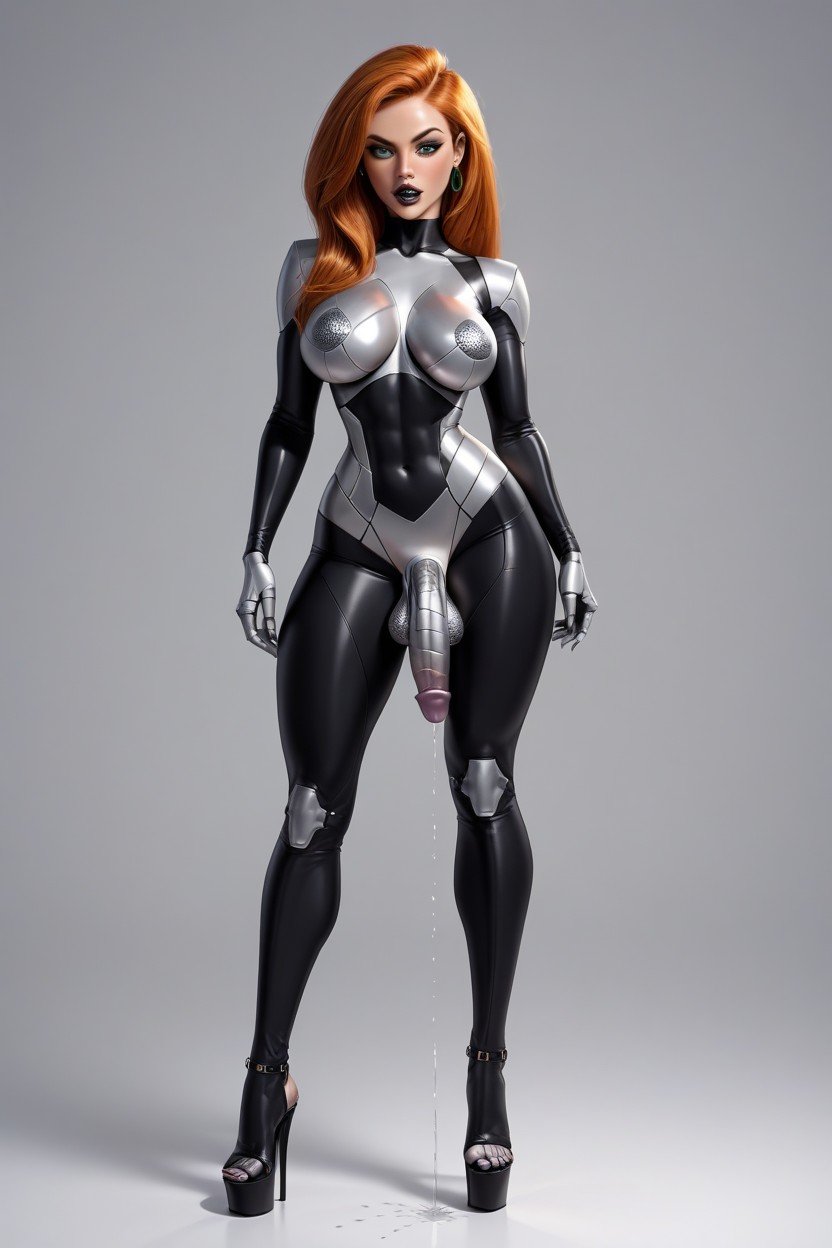 Kim Possible With Ginger Hair Robotized, Metallic Balls Glowing, Metallic Breasts쉬메일 AI 포르노