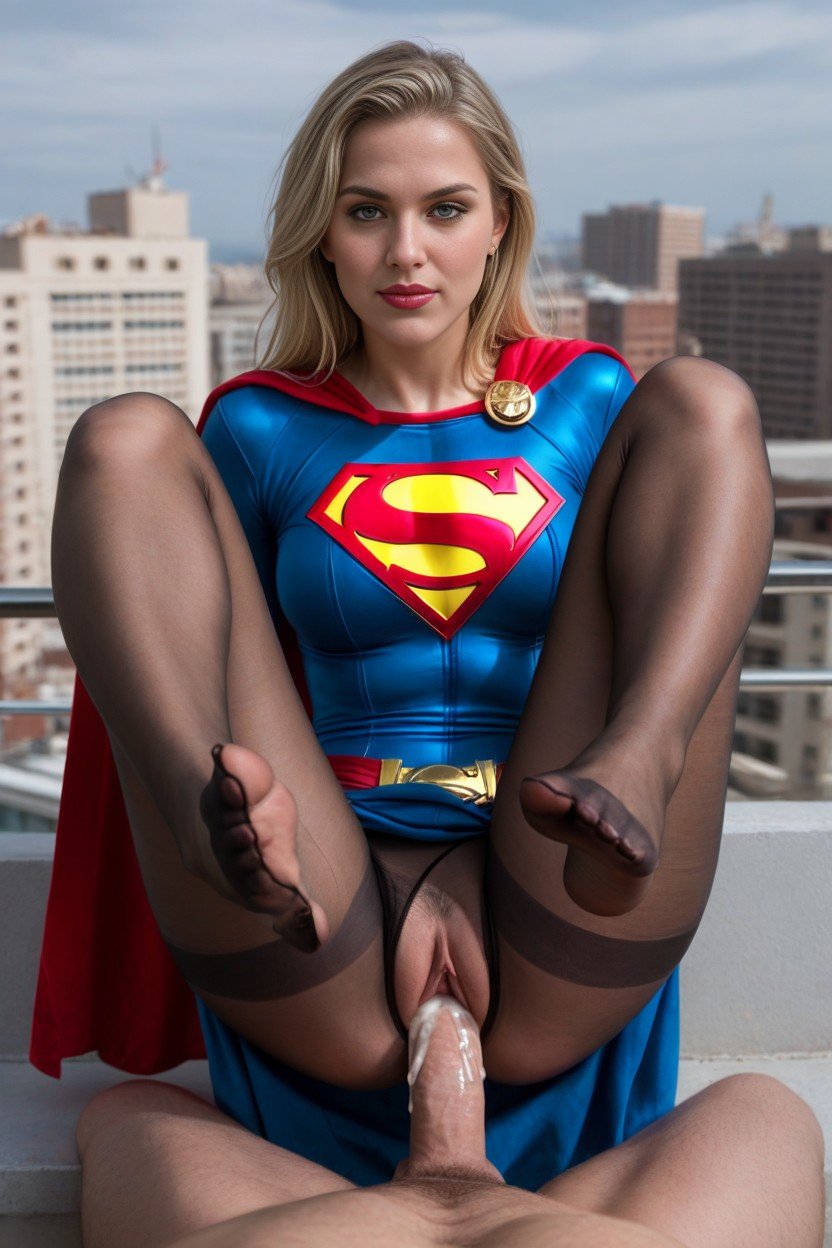 Supergirl, Cock Penetrating Pussy, Rooftop Shemale AI Porn