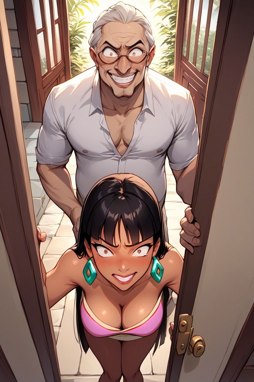 Tall And Big Old Man Grinning Face, Bizco, Looking At ViewerHentai IA