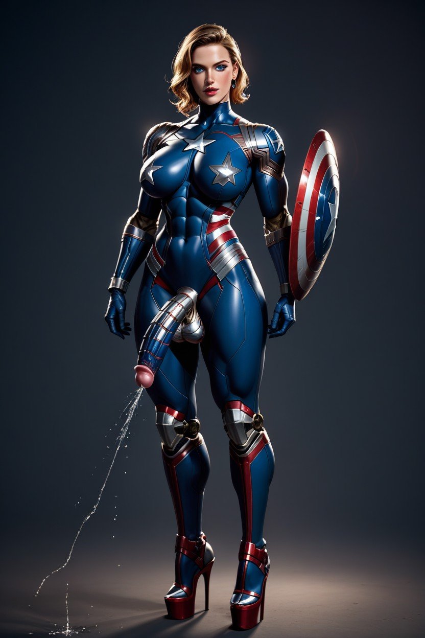 Opened Mouth, Metallic Balls Glowing, Captain America's Shield人妖AI色情