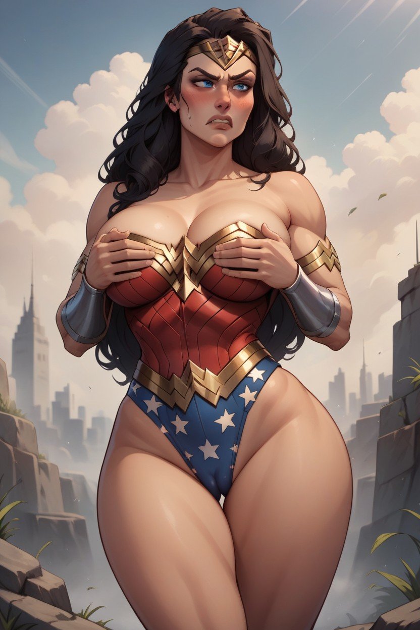 Wonder Woman In Her Costume, Wonder Woman, Hands Covering Breasts AI Gay Porn