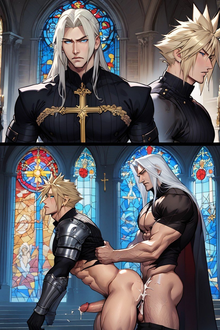 Before And After, Igreja, Cloud Strife Defeated Broken Clothes With Exposed Large Pecs Getting Fucked By Sephiroth Doggy Style Before And After Pornografia gay com IA