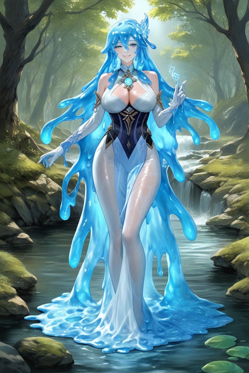 Sitting On Rock In River, Liquid Skin, Full Body Shot Hentai AI Porn