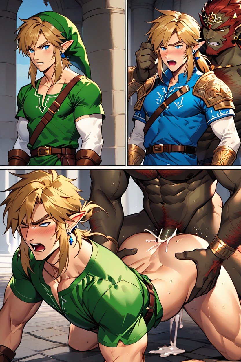 Hard Cock, Link Defeated Broken Clothes With Exposed Large Pecs Getting Fucked By Ganondorf Doggy Style Before And After, 큰 엉덩이게이 AI 포르노