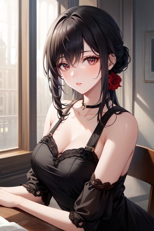 Long Black Hair, Elegant Updo Hairstyle, SittingゲイAIポルノ