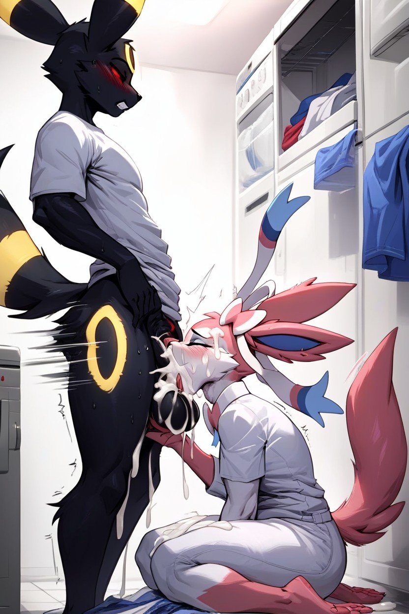 Female Sylveon, Sitting On Washing Machine, 18+ Furry AI Porn