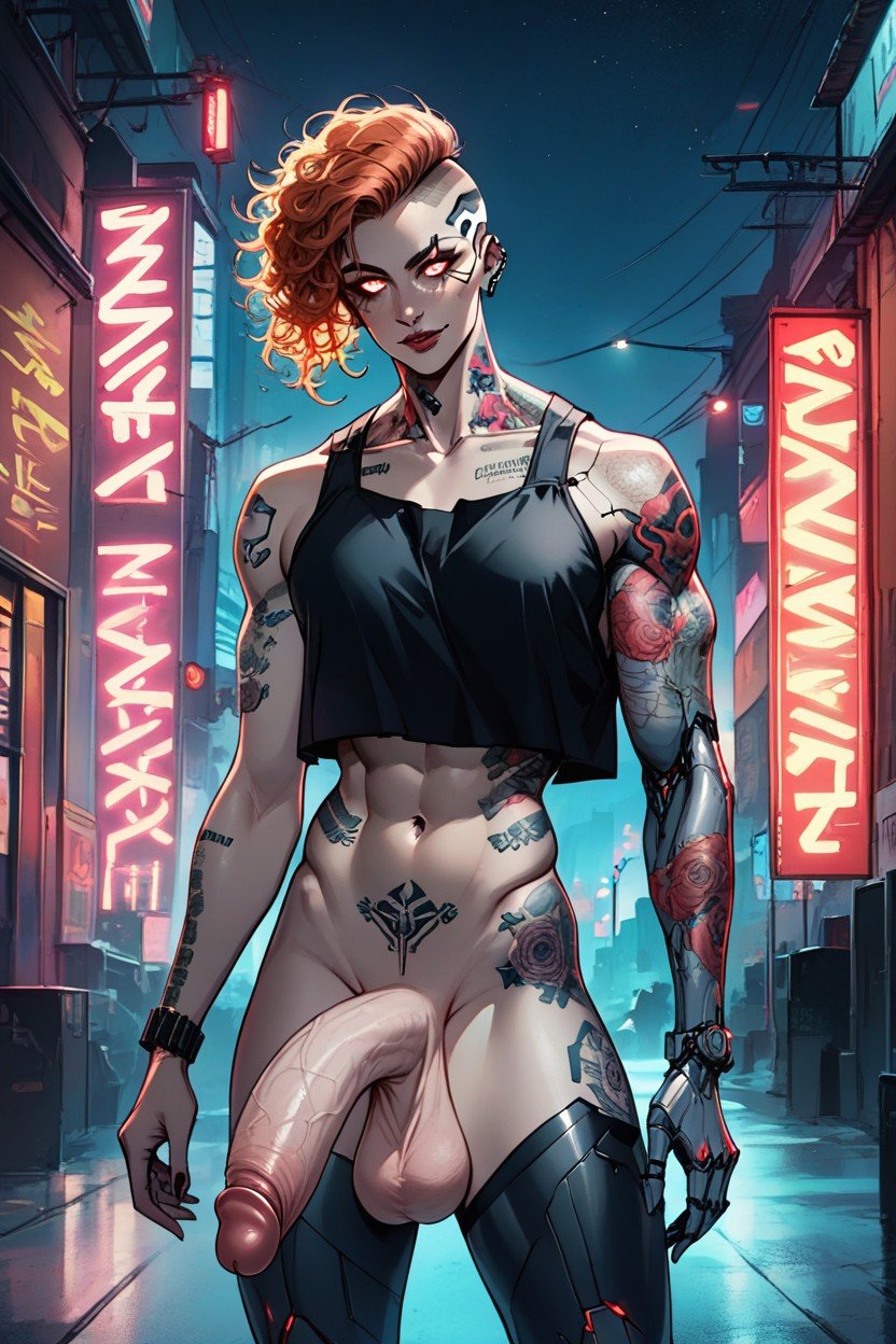 Long Curly Ginger Hair, Cyberpunk City, Glowing Neon TattoosPorno shemale IA