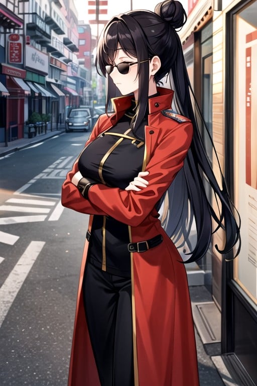 Wearing A Red Trenchcoat Jacket, Dark Sunglasses, Unenthusiastic Chinese Woman Standing Outside A Restaurant Hentai AI Porn