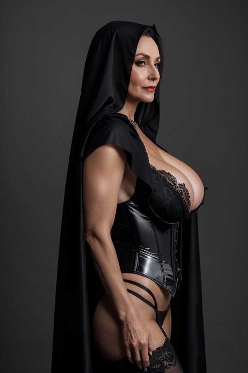 Squeezing Massive Cleavage, The Face In The Shadow Of The Hood, Transparent Lace Corsetce Corset Travesti IA Pornô