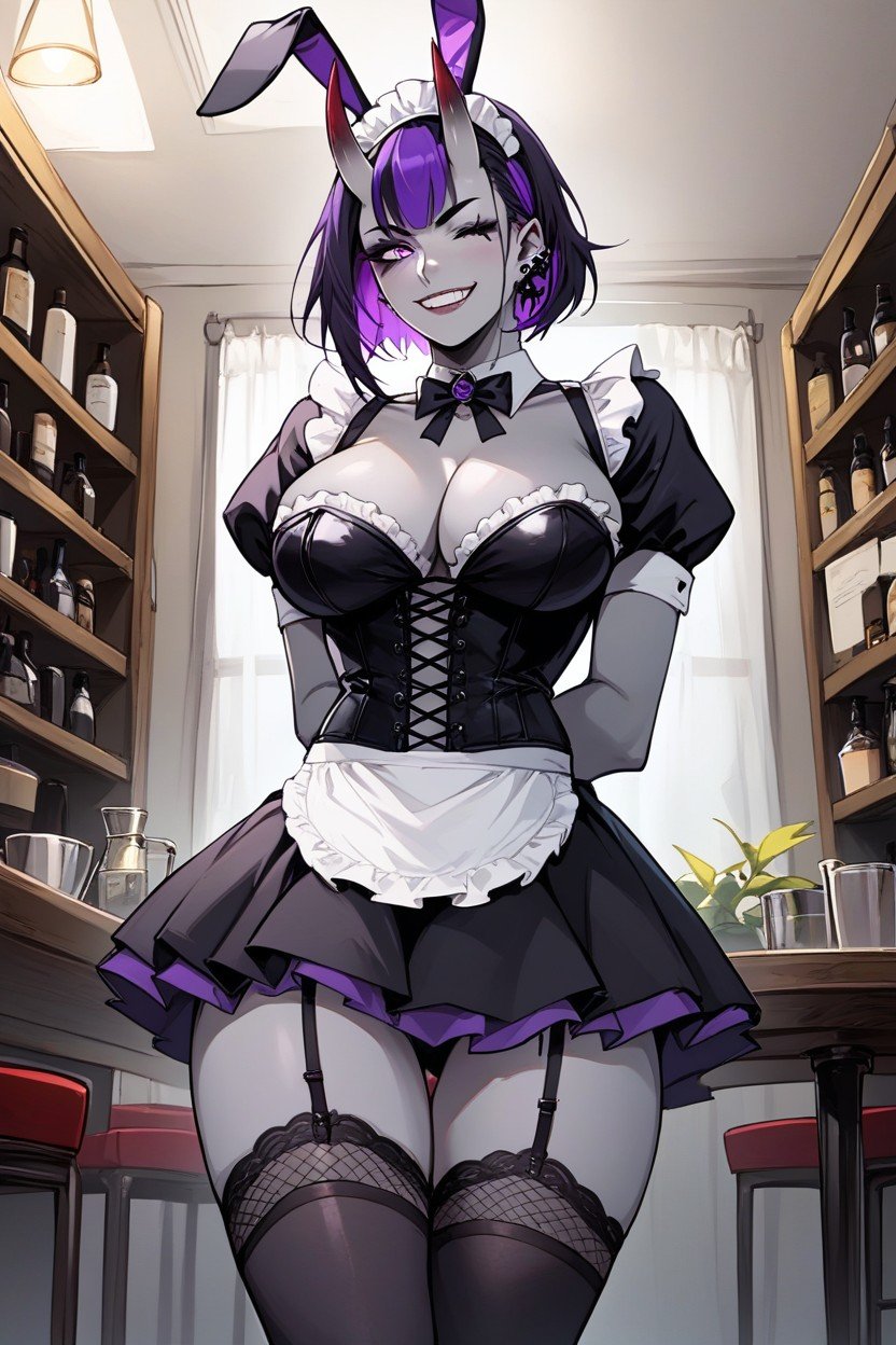 Goth Woman, Black Oni Horns, Gothic Maid Outfit Travesti IA Pornô