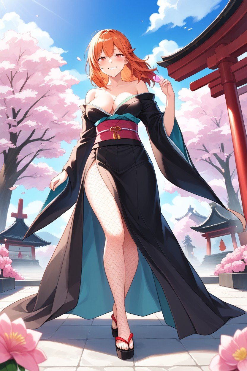 Traviesa, In A Red And Black Kimono By Town Shrine, Piel RojaHentai IA