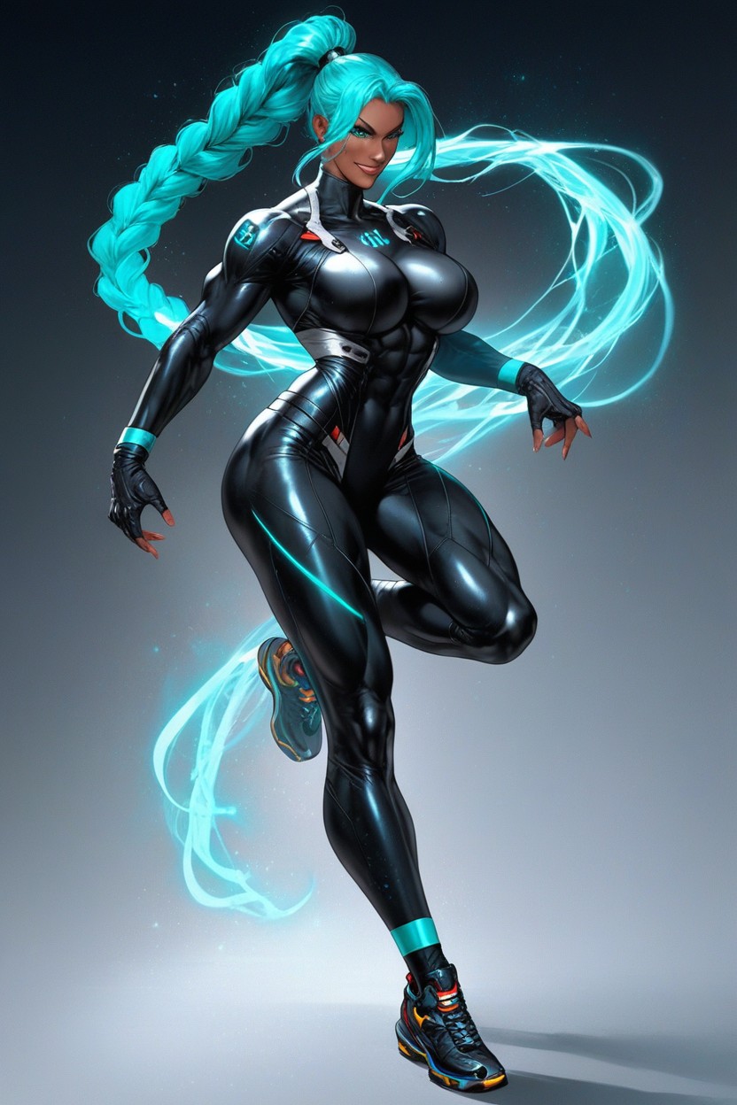 Large Buttocks, Smirk, Neon Aqua Hair AI Porn