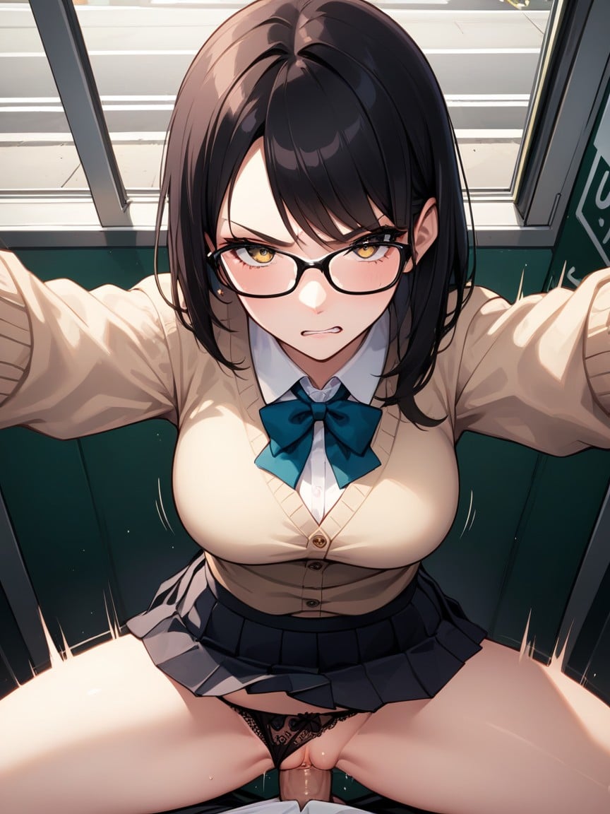 Bring Her Face Closer To The Viewer Front View, Beige Cardigan, Black Glasses Hentai AI Porn