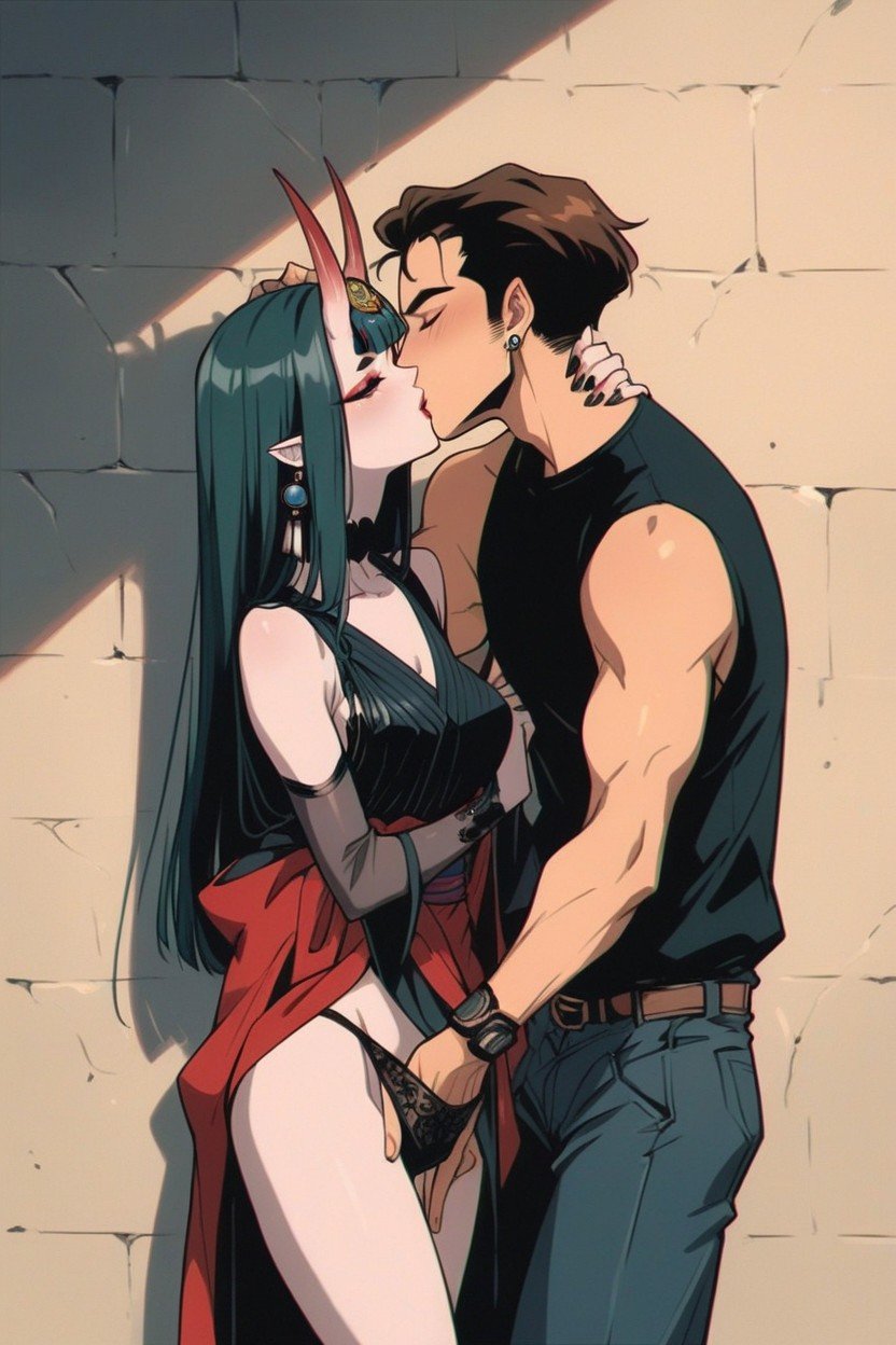 Guy Kissing Shuten Douji While Fingering Her Inside Panties, Guy Taller Than Woman, Trançado Hentai IA pornografia