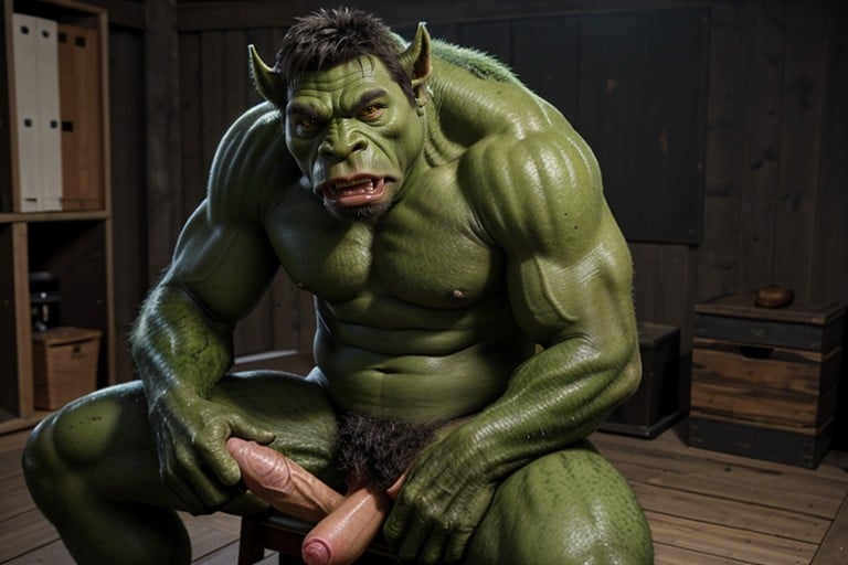 Ganzkörper, Green Orc Monster With A Big Cock Between His Legs, 18+Asiatischer KI Porno