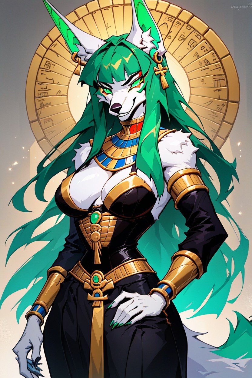 Green Hair, Egyptian Jewelry, Smirk Furry AI Porn