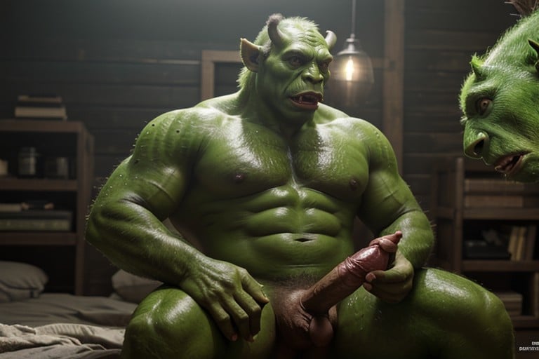 Green Orc Monster With A Big Cock Between His Legs, Cuerpo Completo, 18+Hentai IA