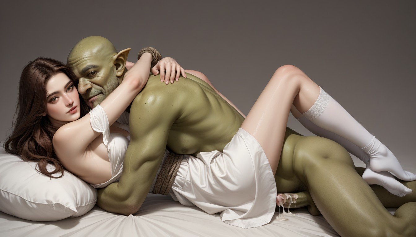 20+, Green Ugly Goblin Leaning On Her, Long Hair Shemale AI Porn