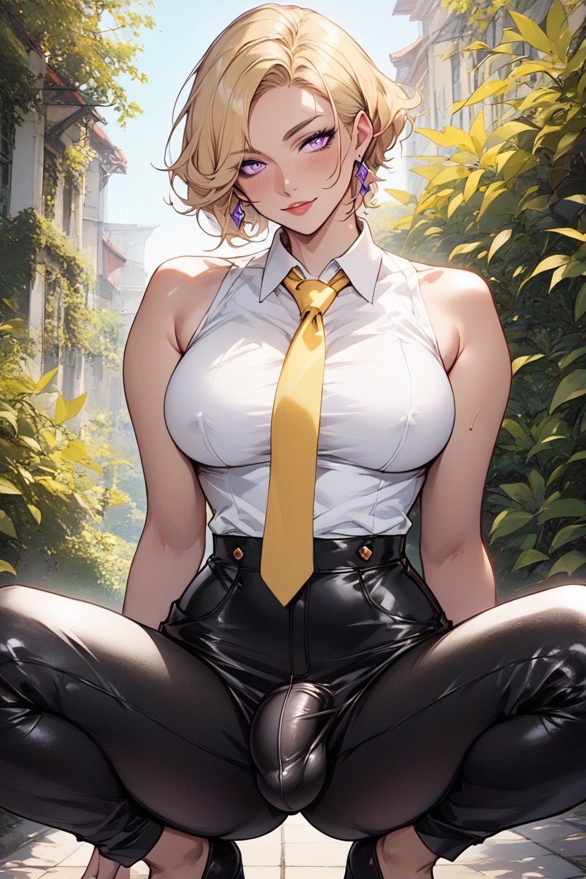 しゃがむ, Yellow Neck Tie Hangs Over Breasts, Large Penis Bulge SizeファーリーAIポルノ