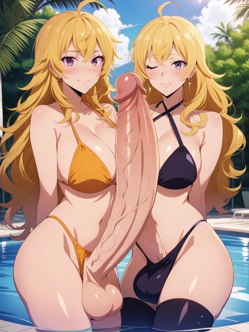 Beside Outdoor Pool, 매우 큰, Blake Belladonna Giving Yang Xiao Long A Blowjob쉬메일 AI 포르노