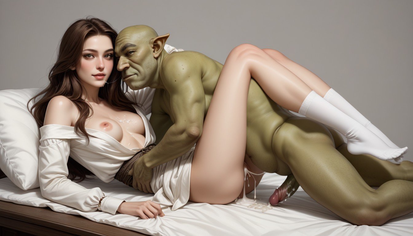 Open Cleavage, Green Ugly Goblin Leaning On Her, Sucking Breast Travesti IA Pornô