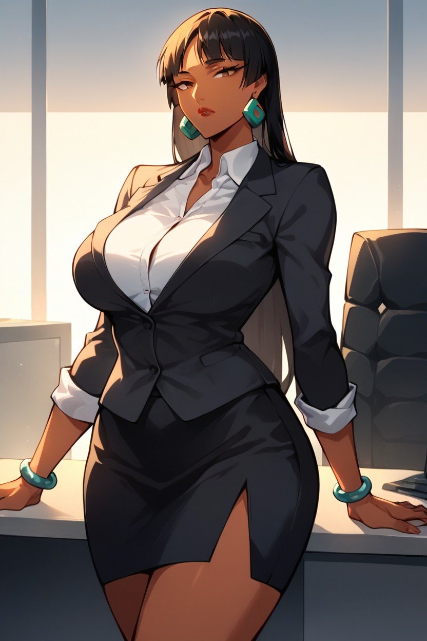 Not Wearing Any Accessories, Dark Skin, Office Skirt AI黄漫