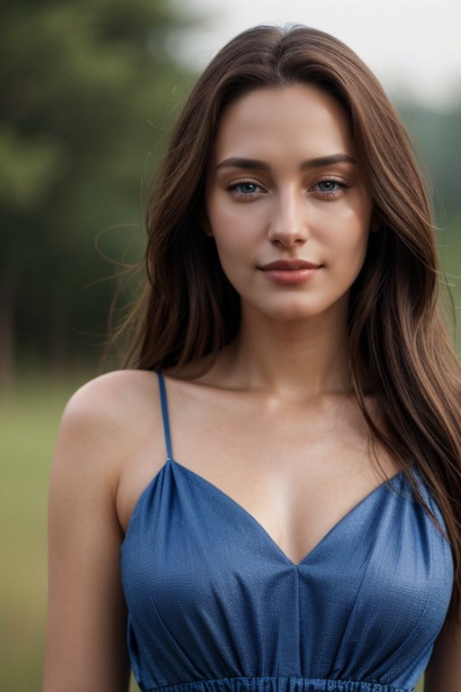 A Woman With Long Brown Hair And A Blue Dress, 18+ Asian AI Porn