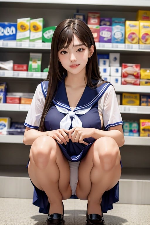 Squatting, Sailor Uniform, Convenience Store Asian AI Porn