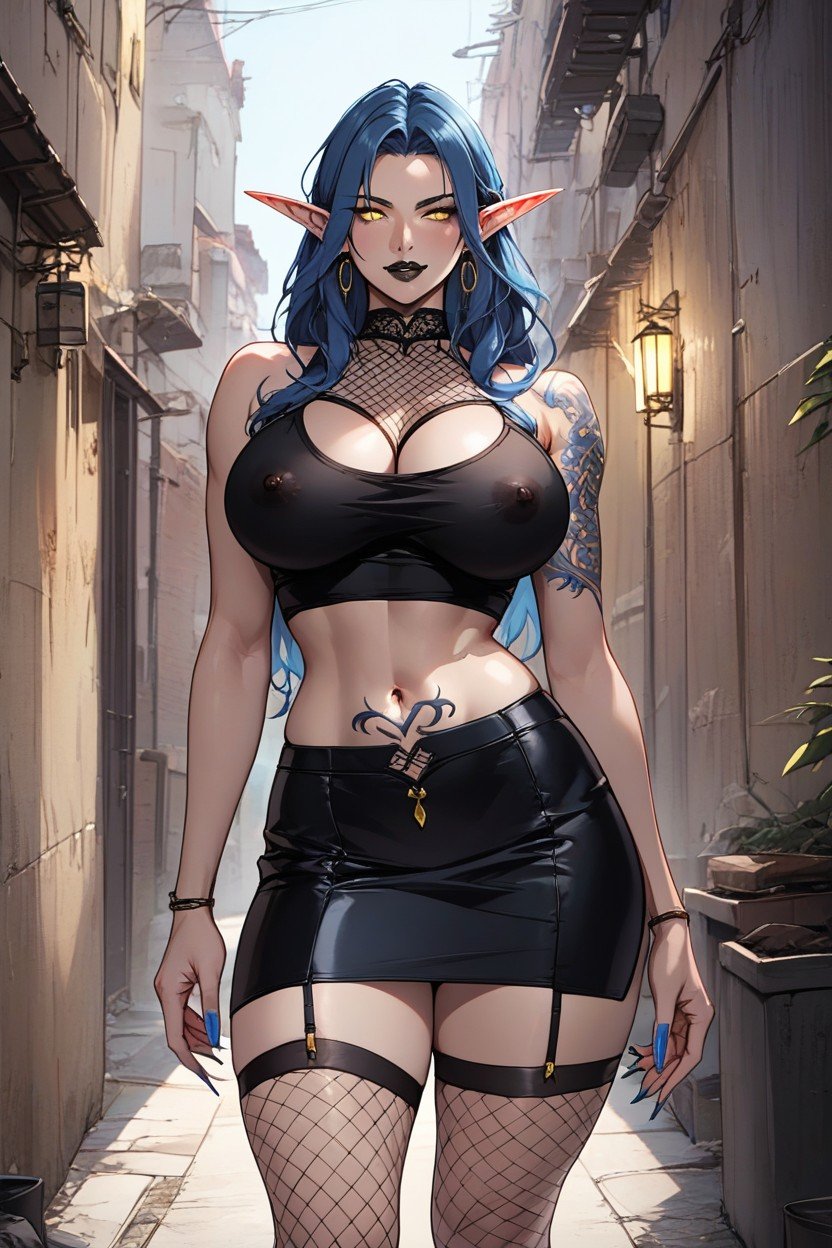 Black Elf Long Blue Hair, Black Lipstick, Jewelry On Wrists Hentai IA