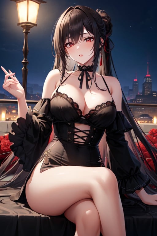 Cleavage, Black Off Shoulder Dress, Black Lace Choker AI Gay Porn