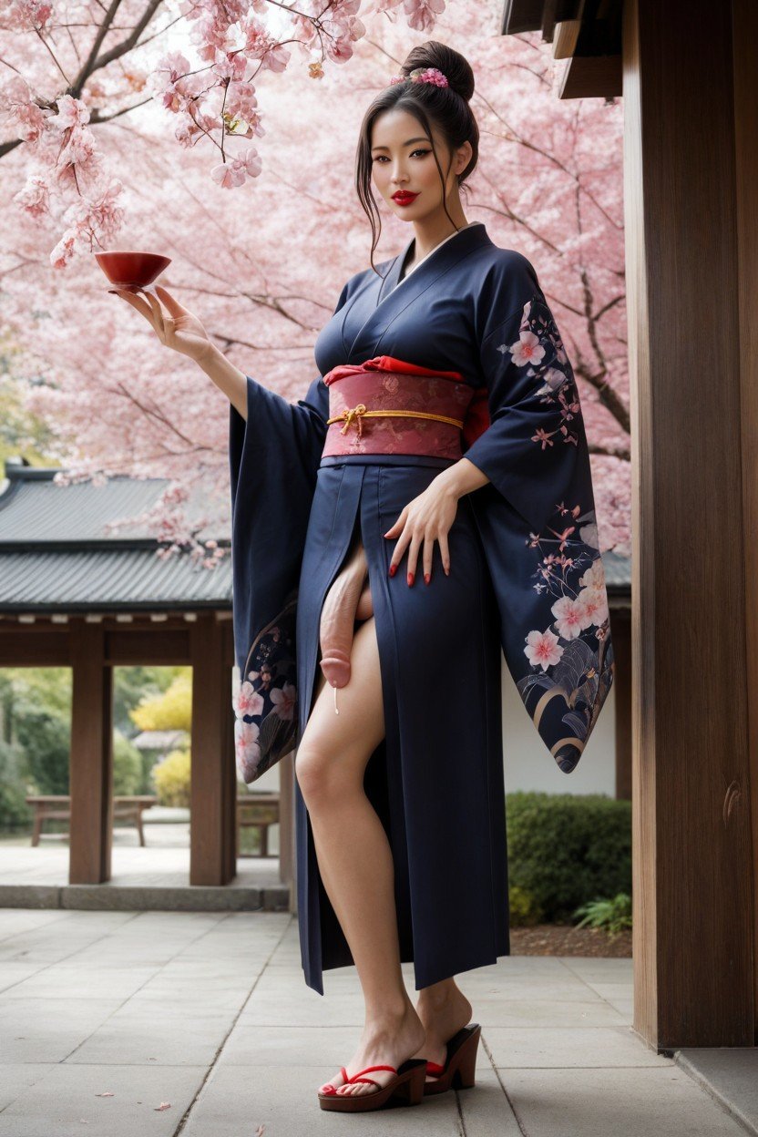 Japanese Shemale, Sexy Makeup, Tea Cerenomy Equipment In Background Travesti IA Pornô