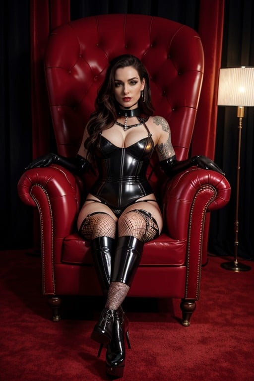 The Dominatrix Stands Upon Her Leather Throne, Opera Gloves, Sitting Down Shemale AI Porn