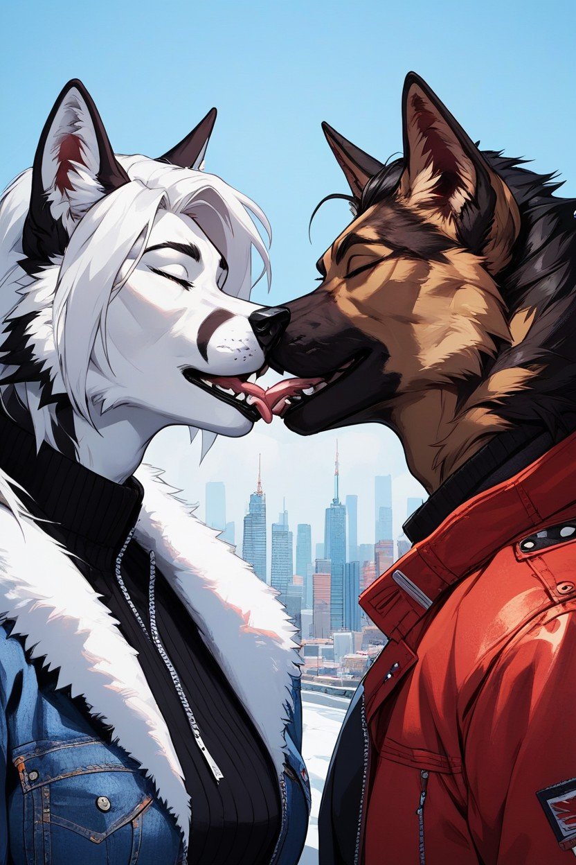 Крупный План, A Kiss Scene Between A Female Siberian Husky With Gray Fur And White Long Beautiful White Hair And A Gay German Shepherd With A Sable Fur Coat, Ночь Фурри AI порно