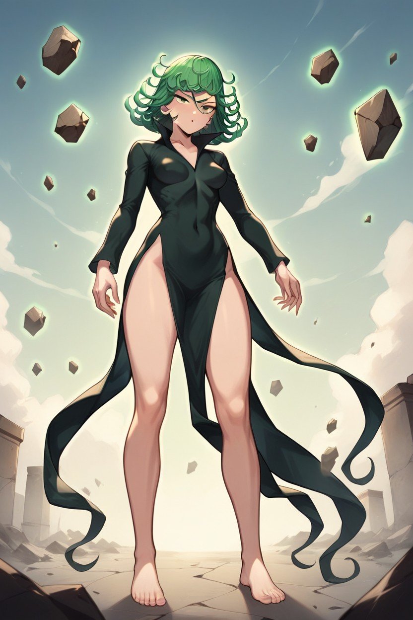 Detailed In Vibrant Colors And Sharp Contrasts, A Destroyed City Lies In Ruins Crumbling Buildings, With Her Green Hair Flowing Wildly In The Wind In The Background Pornografia peluda com IA