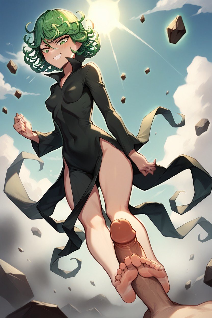 Standing With A Smug, Gazing Down Arrogantly At A Submissive Figure Kneeling Before Her Tatsumaki Is Using Her Bare Feet To Perform A Footjob, HumiliationファーリーAIポルノ