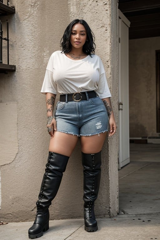 Tattoos - Bottomless - Oversized Plain T-shirt - Belt - Pussy - Thick Hairy Pussy - High White Socks - Sneakers - Standing - Old Mossy Wall - Overall Views - Straight Pose Up On Front, Nu, Corps EntierPorno IA Asiatique