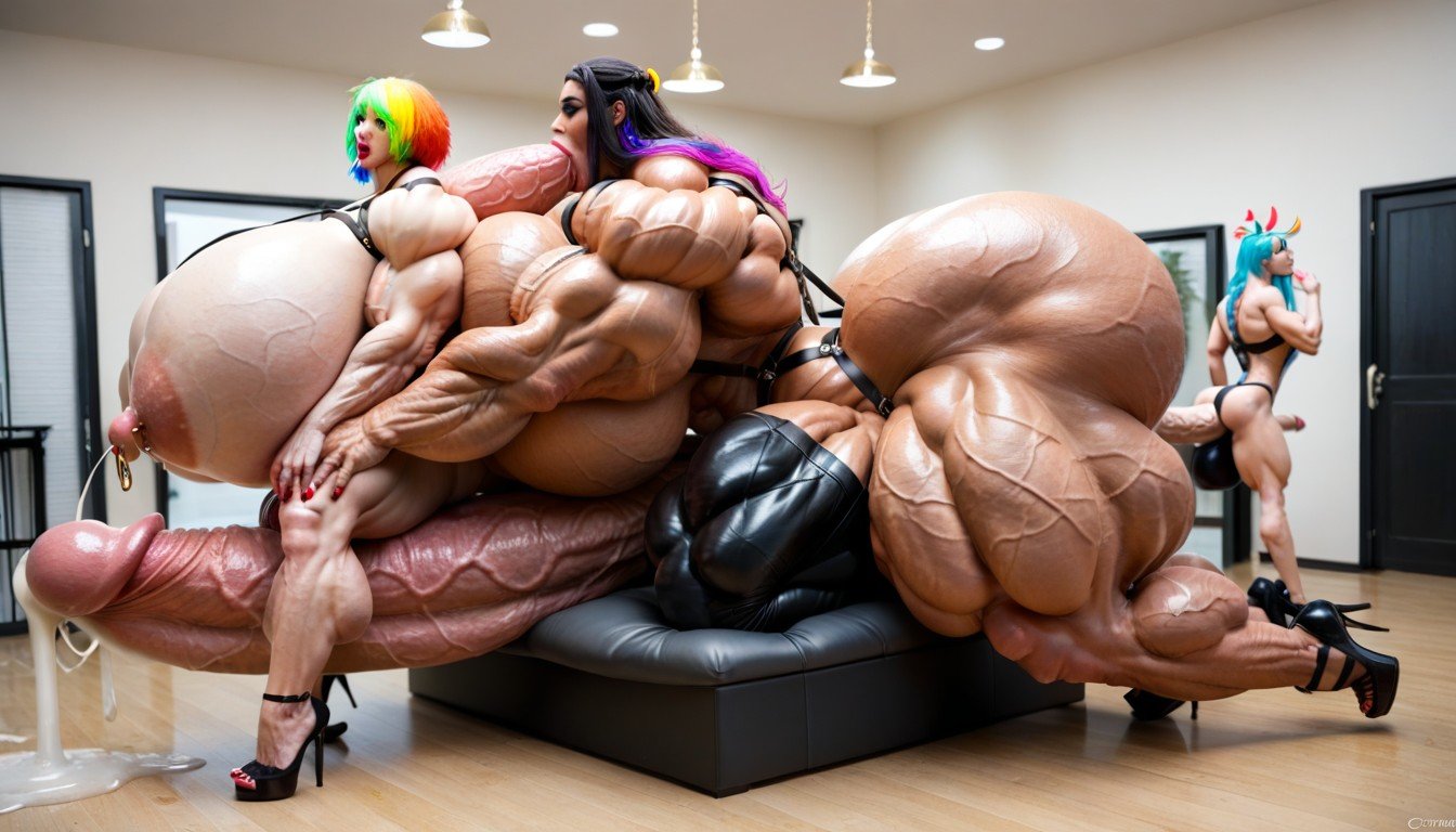 Two Gigantic Muscular Futanari Fuking A Shorter Bimbo In Pronebone Position, Thick Thighs, Hyper Penis Pornografia gay com IA