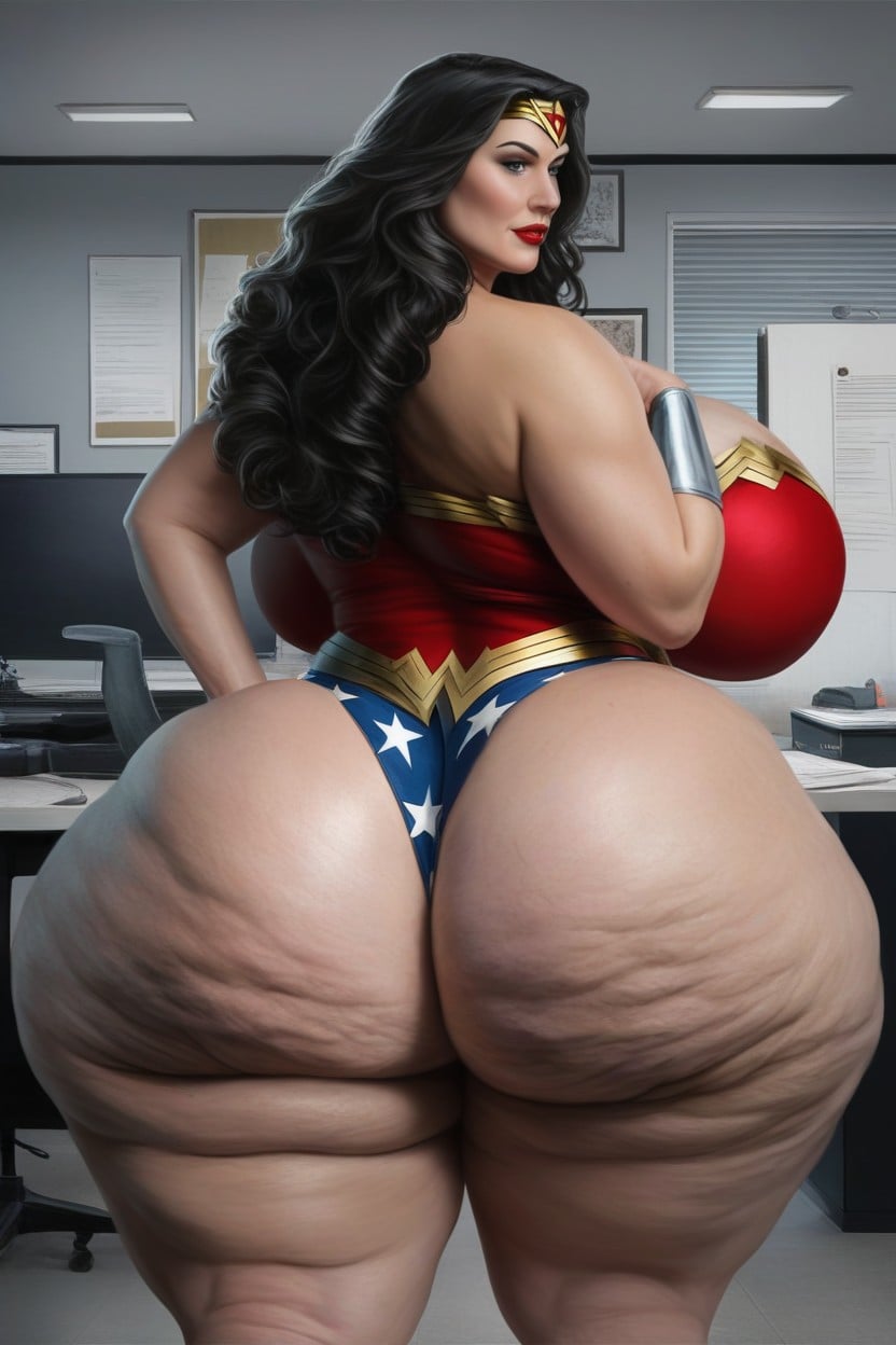 Round Ass, Massive Cellulite Fake Ass, Wonder Woman Walking Away Looking Back At Viewer In Her Office Porno IA